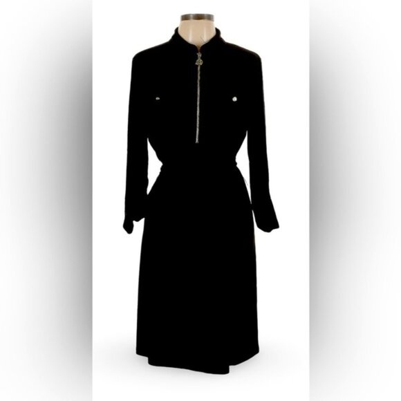 ANNE KLEIN 🍒SZ 2 XS🍒BLACK ZIP FRONT DRESS TABBED SLEEVES TIE WAIST GOLD ACCENT - Picture 8 of 16